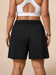 SHEIN Rhythm Era Women's Plus Size Solid Color Drawstring Waist Sports Shorts - Black - View 6