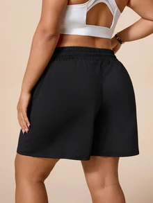 SHEIN Rhythm Era Women's Plus Size Solid Color Drawstring Waist Sports Shorts - Black - View 2