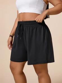 SHEIN Rhythm Era Women's Plus Size Solid Color Drawstring Waist Sports Shorts - Black - View 4