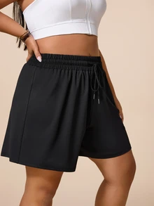 SHEIN Rhythm Era Women's Plus Size Solid Color Drawstring Waist Sports Shorts - Black - View 5