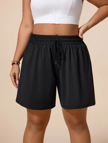 SHEIN Rhythm Era Women's Plus Size Solid Color Drawstring Waist Sports Shorts - Black - View 3