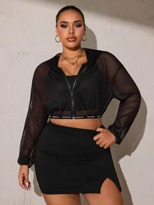 SHEIN Rhythm Era Áo nỉ hoodie kéo khóa in chữ size lớn cho nữ, mùa thu - màu đen - Xem 7