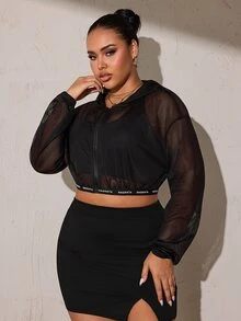 SHEIN Rhythm Era Áo nỉ hoodie kéo khóa in chữ size lớn cho nữ, mùa thu - màu đen - Xem 4