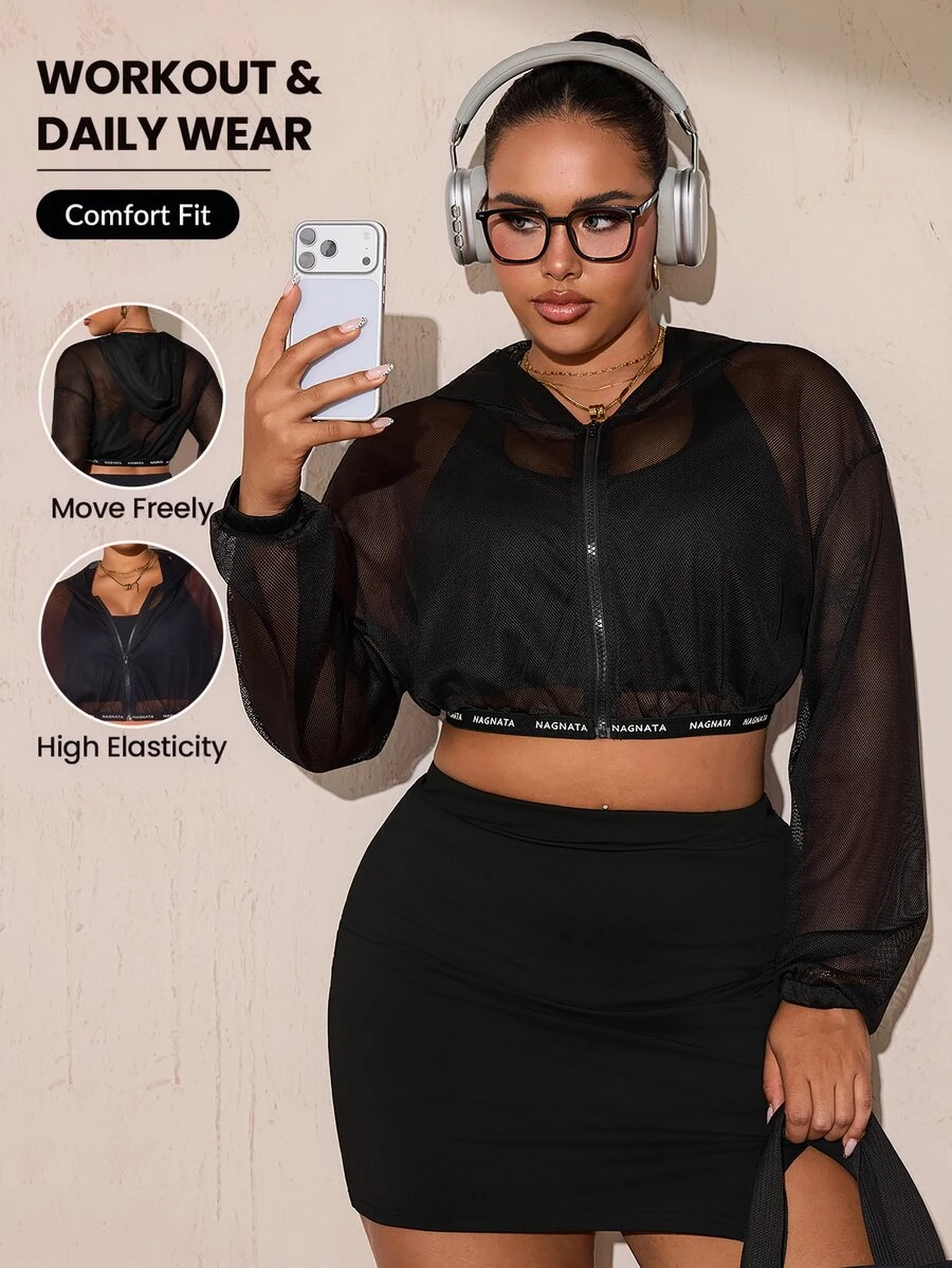 SHEIN Rhythm Era Áo nỉ hoodie kéo khóa in chữ size lớn cho nữ, mùa thu - màu đen - Xem 1