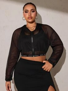 SHEIN Rhythm Era Áo nỉ hoodie kéo khóa in chữ size lớn cho nữ, mùa thu - màu đen - Xem 3