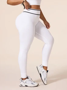 Rhythm Era Solid Color Women's Plus Size Seamless Tight Leggings, Plus Size Seamless Tight Yoga Fitness Pants - White - View 9