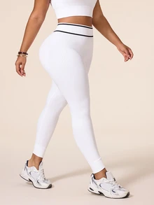 Rhythm Era Solid Color Women's Plus Size Seamless Tight Leggings, Plus Size Seamless Tight Yoga Fitness Pants - White - View 4