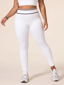 Rhythm Era Solid Color Women's Plus Size Seamless Tight Leggings, Plus Size Seamless Tight Yoga Fitness Pants - White - View 5