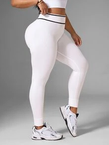 Rhythm Era Solid Color Women's Plus Size Seamless Tight Leggings, Plus Size Seamless Tight Yoga Fitness Pants - White - View 8