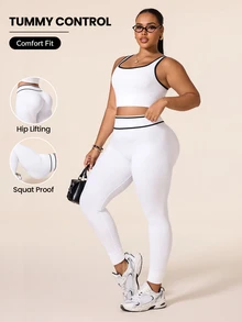 Rhythm Era Solid Color Women's Plus Size Seamless Tight Leggings, Plus Size Seamless Tight Yoga Fitness Pants - White - View 1