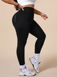 SHEIN Rhythm Era 女款大尺碼純色高腰休閒百搭日常旅行運動緊身內搭褲 - 黑色 - 查看 6