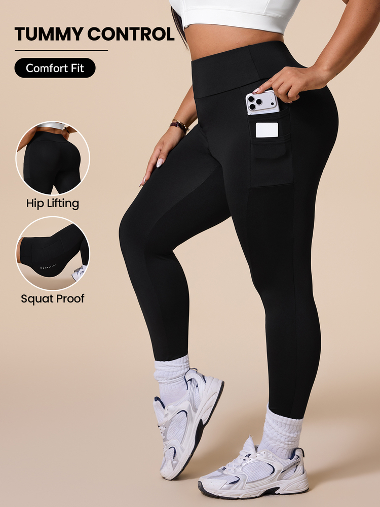 SHEIN Rhythm Era Women's Plus Size Solid Color High Waist Casual Versatile Daily Travel Sports Tight Leggings - Black - View 1