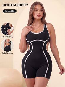 Rhythm Era Women's Plus Size Trim Waist Cutout Sleeveless Athletic Romper Shorts - Black - View 1