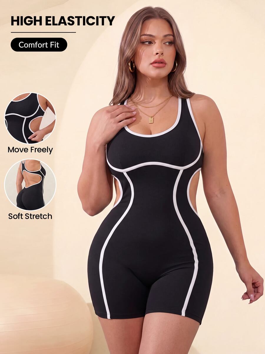 Rhythm Era Women's Plus Size Trim Waist Cutout Sleeveless Athletic Romper Shorts - Black - View 1