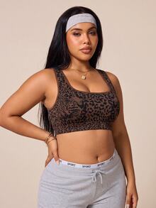 SHEIN Rhythm Era Plus Size Women's Leopard Print Fitness Workout Yoga Sports Bra - Brown - View 3