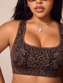 SHEIN Rhythm Era Plus Size Women's Leopard Print Fitness Workout Yoga Sports Bra - Brown - View 7