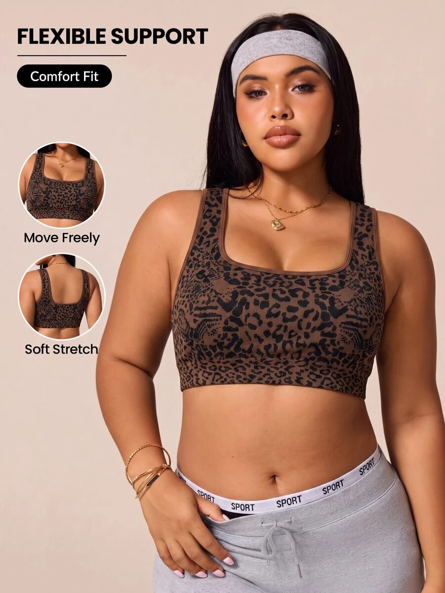 SHEIN Rhythm Era Plus Size Women's Leopard Print Fitness Workout Yoga Sports Bra - Brown - View 1