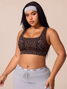 SHEIN Rhythm Era Plus Size Women's Leopard Print Fitness Workout Yoga Sports Bra - Brown - View 5