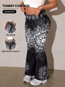 SHEIN Rhythm Era Women's Plus Size Floral Print Sports Kawaii Cow Girl Leggings Gym Black Summer - Multicolor - View 1
