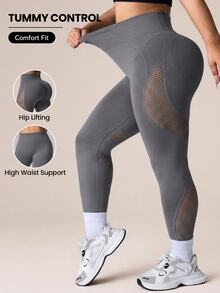SHEIN Unity Women's Seamless Plus Size Grey Mesh Sports Leggings & Long Pants - Grey - View 1