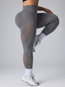SHEIN Unity Women's Seamless Plus Size Grey Mesh Sports Leggings & Long Pants - Grey - View 4