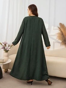 Al Najma Casual Minimalist Solid Color Gold Button Decor V-Neck Long Sleeve Loose Regular Fit Spring/Autumn Plus Size Abaya - Dark Green - View 2