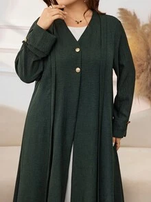 Al Najma Casual Minimalist Solid Color Gold Button Decor V-Neck Long Sleeve Loose Regular Fit Spring/Autumn Plus Size Abaya - Dark Green - View 3