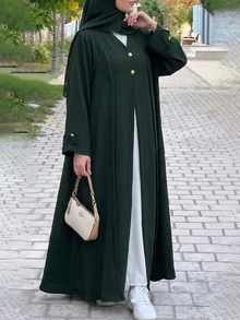 Al Najma Casual Minimalist Solid Color Gold Button Decor V-Neck Long Sleeve Loose Regular Fit Spring/Autumn Plus Size Abaya - Dark Green - View 1