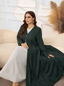 Al Najma Casual Minimalist Solid Color Gold Button Decor V-Neck Long Sleeve Loose Regular Fit Spring/Autumn Plus Size Abaya - Dark Green - View 4