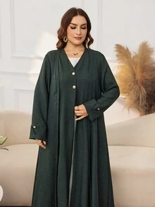 Al Najma Casual Minimalist Solid Color Gold Button Decor V-Neck Long Sleeve Loose Regular Fit Spring/Autumn Plus Size Abaya - Dark Green - View 6