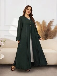 Al Najma Casual Minimalist Solid Color Gold Button Decor V-Neck Long Sleeve Loose Regular Fit Spring/Autumn Plus Size Abaya - Dark Green - View 5