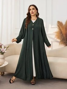 Al Najma Casual Minimalist Solid Color Gold Button Decor V-Neck Long Sleeve Loose Regular Fit Spring/Autumn Plus Size Abaya - Dark Green - View 7