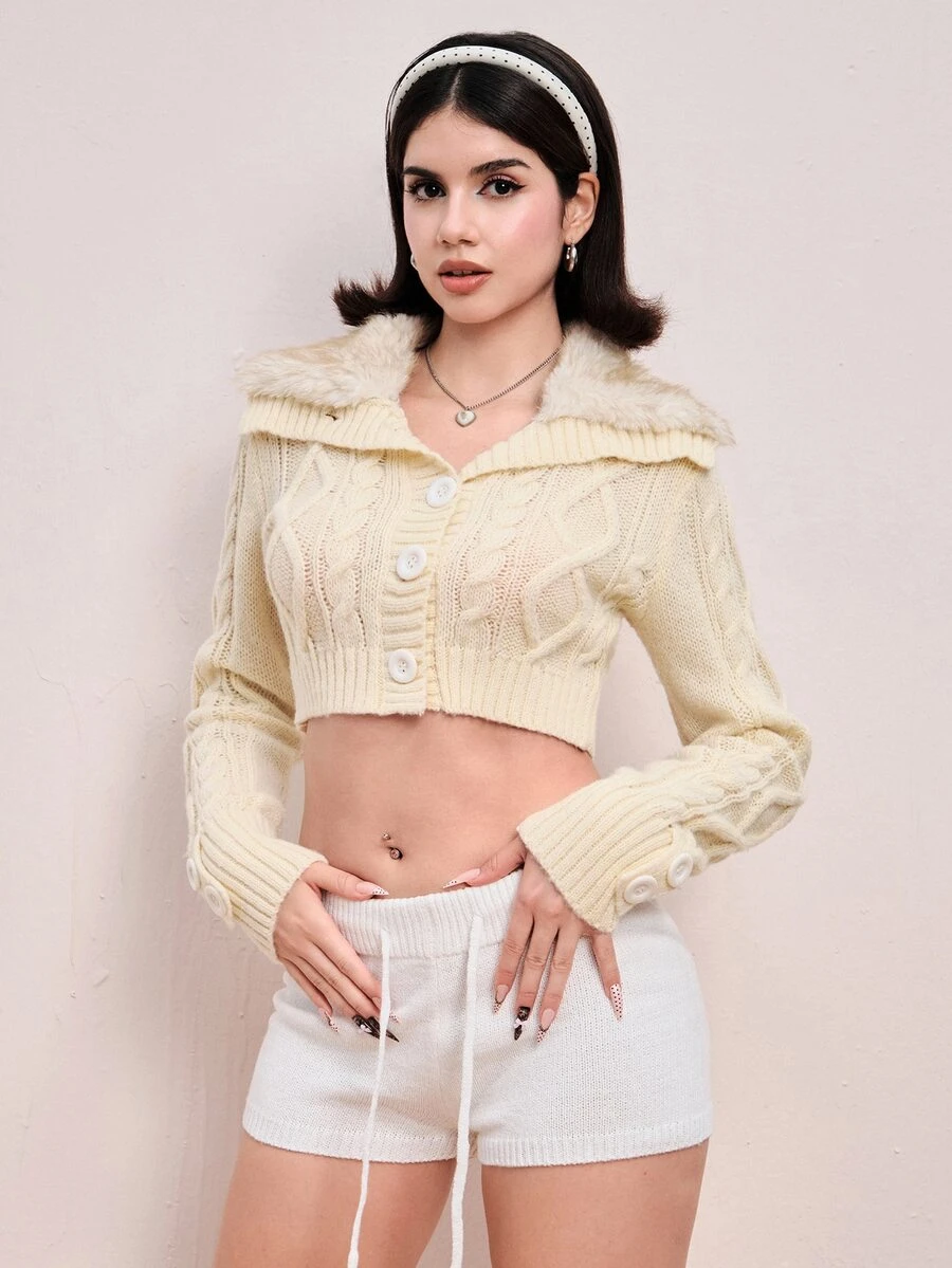 ROMWE Women's Plush Patchwork Casual Versatile Daily Wear Long Sleeve Cardigan - Yellow - View 1