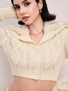 ROMWE Women's Plush Patchwork Casual Versatile Daily Wear Long Sleeve Cardigan - Yellow - View 5