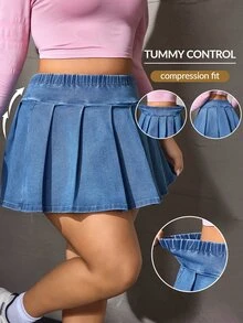 Flexra Plus Size Women's Pleated Casual Everyday Denim Mini Skirt - Medium Wash - View 4