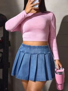 Flexra Plus Size Women's Pleated Casual Everyday Denim Mini Skirt - Medium Wash - View 6