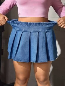 Flexra Plus Size Women's Pleated Casual Everyday Denim Mini Skirt - Medium Wash - View 7