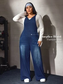 Flexra Plus Size Women's Casual Loose Denim Overalls - Dark Wash - View 1