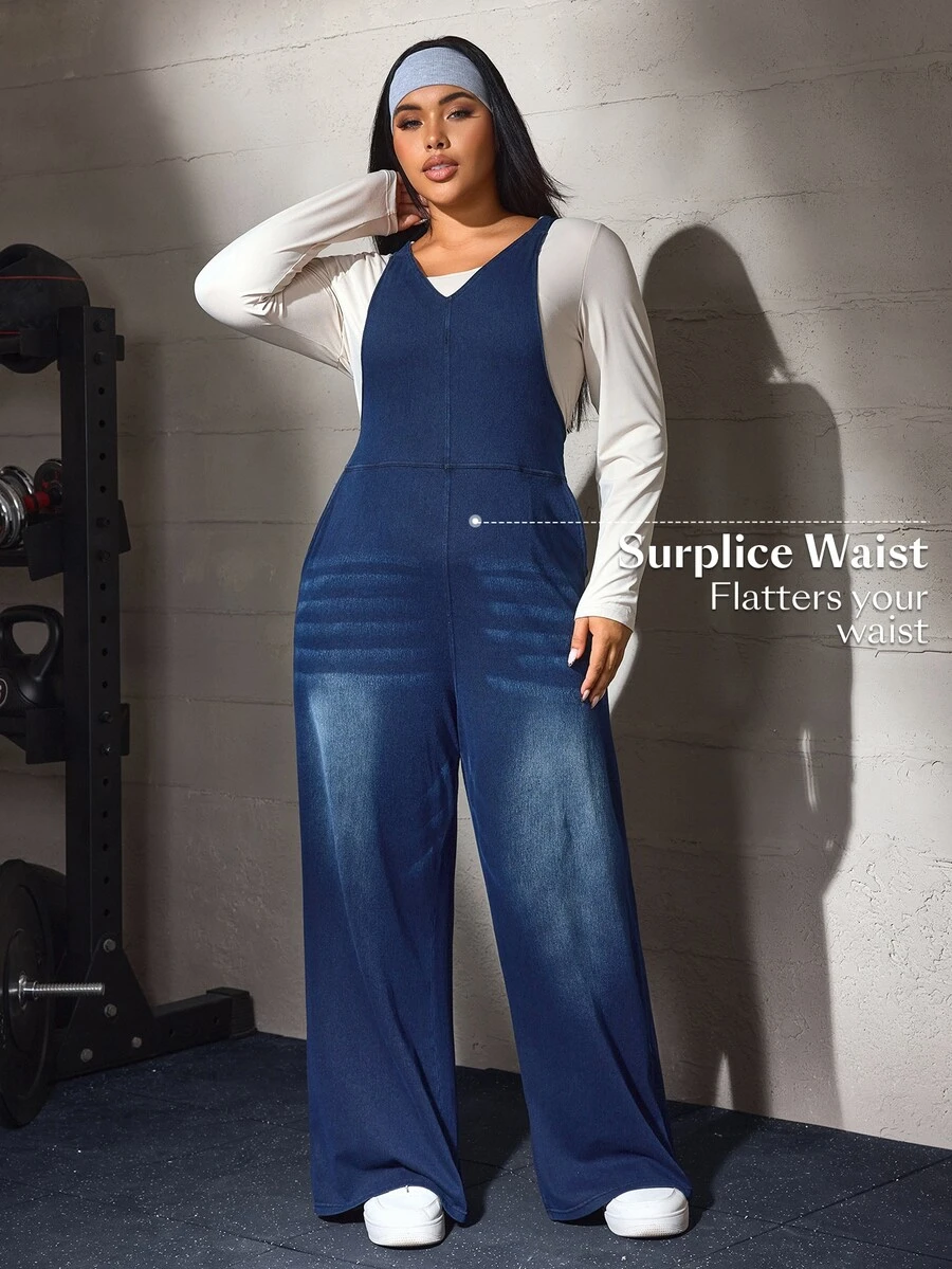 Flexra Plus Size Women's Casual Loose Denim Overalls - Dark Wash - View 1