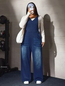 Flexra Plus Size Women's Casual Loose Denim Overalls - Dark Wash - View 4
