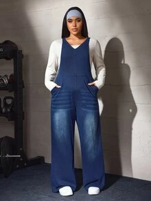 Flexra Plus Size Women's Casual Loose Denim Overalls - Dark Wash - View 3