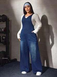Flexra Plus Size Women's Casual Loose Denim Overalls - Dark Wash - View 7