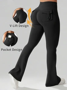 SHEIN Dewbera Legging Yoga Kasual Wanita untuk Olahraga Sehari-hari dengan Kantong - Hitam - View 1