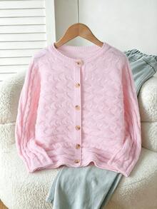Girls' Elegant Youthful Gentle Elegant Crochet Round Neck Cardigan - Pink - View 2