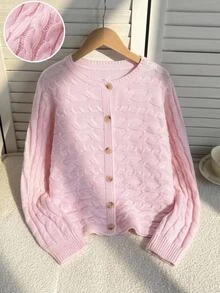 Girls' Elegant Youthful Gentle Elegant Crochet Round Neck Cardigan - Pink - View 9