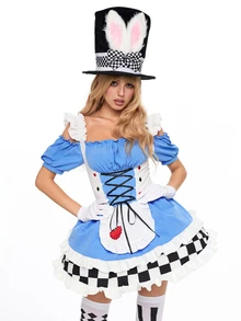 ROMWE Anime Halloween Cosplay Alice Off-Shoulder Spaghetti Strap Colorblock Plaid Women's Mini Dress - Multicolor - View 7