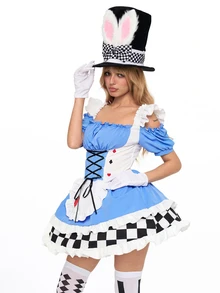 ROMWE Anime Halloween Cosplay Alice Off-Shoulder Spaghetti Strap Colorblock Plaid Women's Mini Dress - Multicolor - View 6