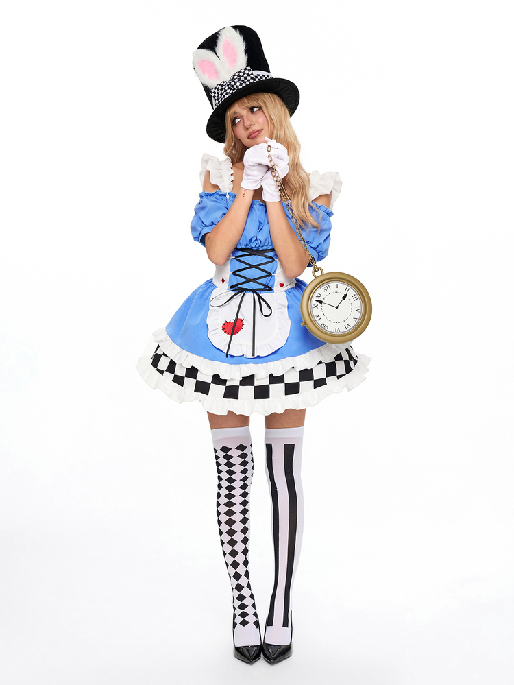 ROMWE Anime 萬聖節 Cosplay 愛麗絲露肩細肩帶拼色格紋女款迷你洋裝 - 彩色 - 查看 2