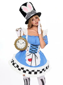 ROMWE Anime Halloween Cosplay Alice Off-Shoulder Spaghetti Strap Colorblock Plaid Women's Mini Dress - Multicolor - View 8