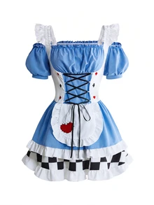 ROMWE Anime Halloween Cosplay Alice Off-Shoulder Spaghetti Strap Colorblock Plaid Women's Mini Dress - Multicolor - View 3